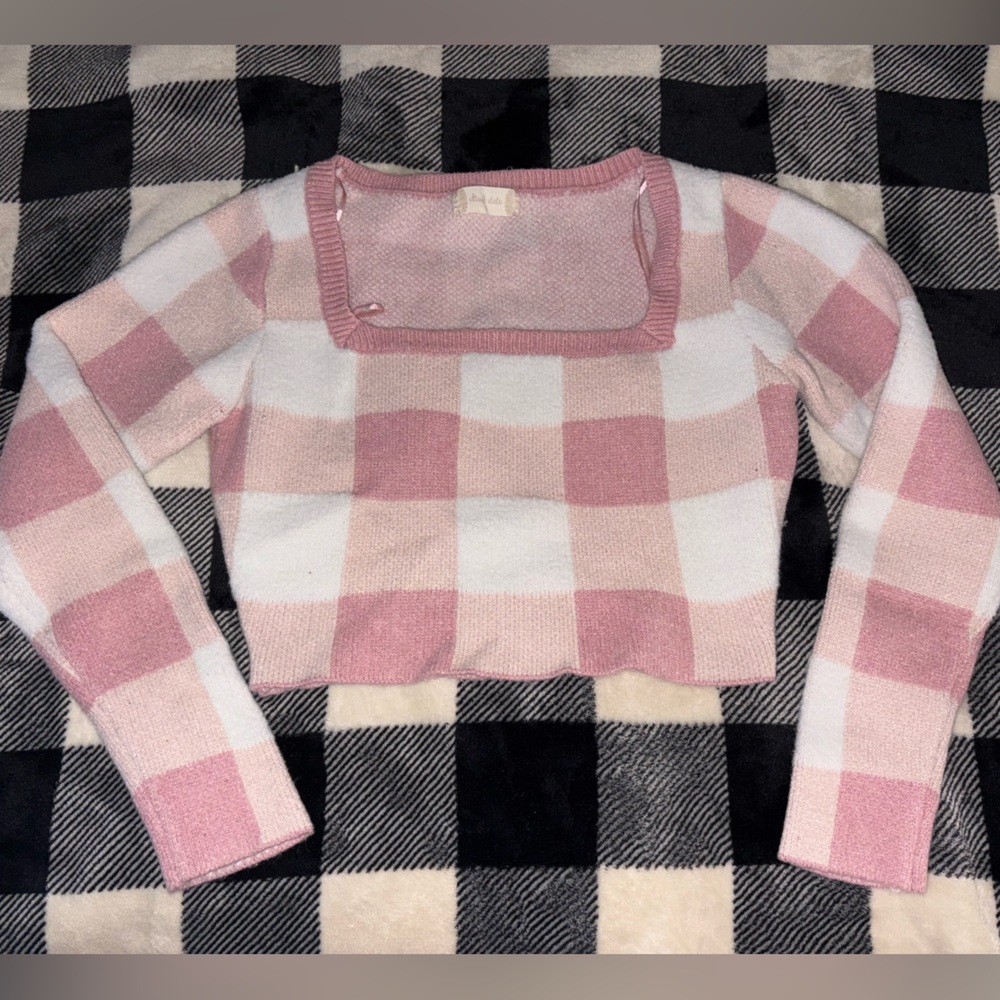 Altar’d State Pink Checkered Cropped Sweater